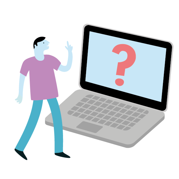 An illustration showing a person standing in front of a very large laptop with a question mark on the screen