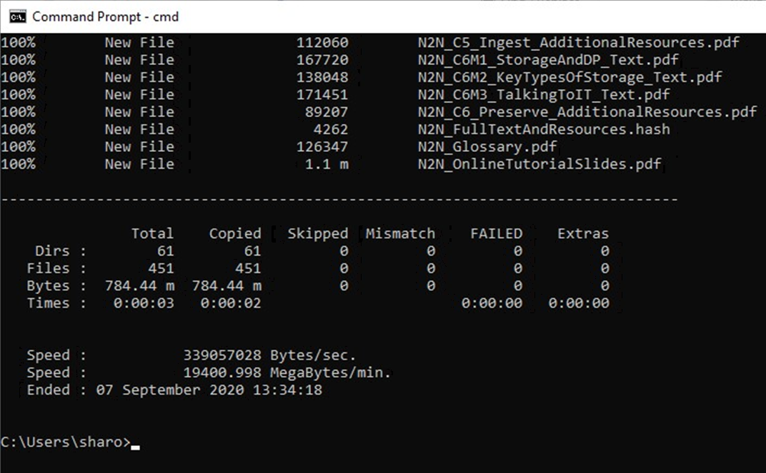 An example of the report produced after completing a robocopy command