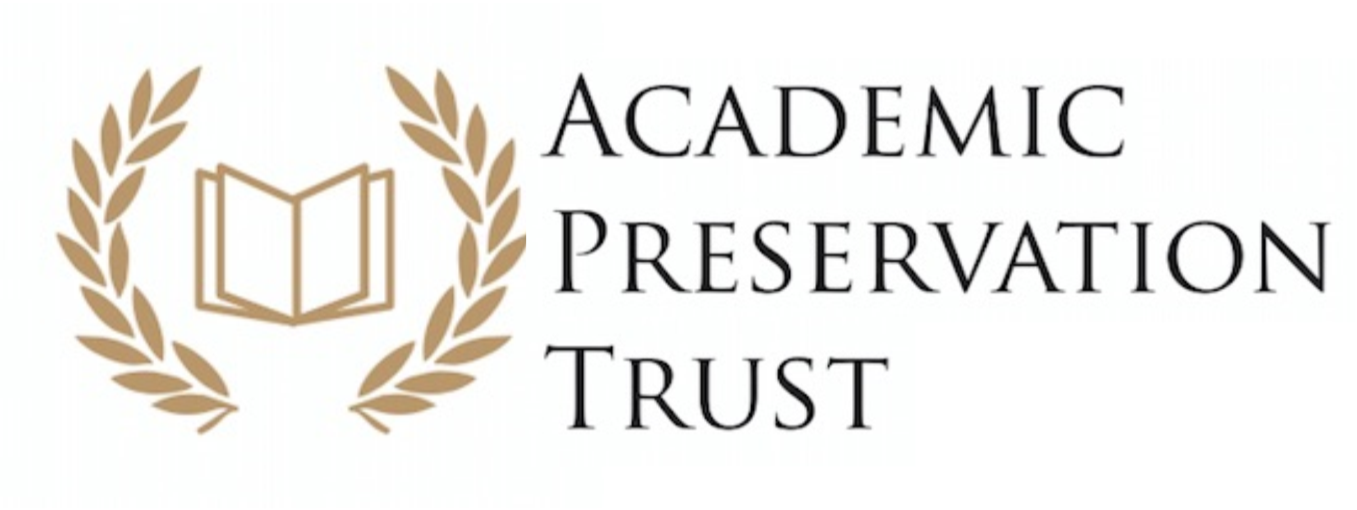 Logo of the academic preservation trust which is an open book surrounded by golden leaves